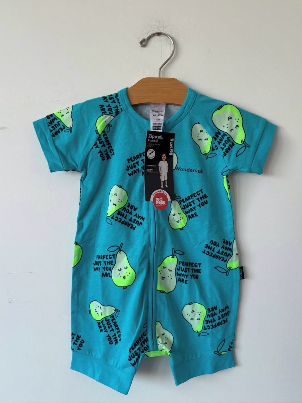 Bonds Kids One Piece Zippy Wondersuit in Turquoise with Lime Pear Print